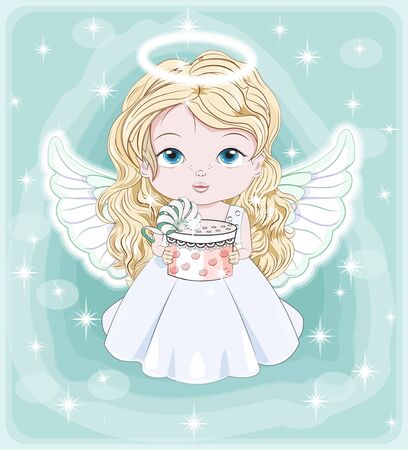 beautiful, charming little baby angel, in white dress with gift. Picture in hand drawing cartoon cute style, for Christmas and New year. Holiday Greeting card. postcard. party invitation.のイラスト素材