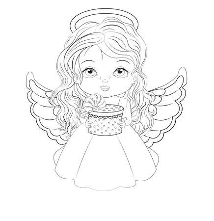 Coloring book, beautiful little baby girl, Christmas angel, in white dress with gift. Picture in hand drawing style for Happy new year Greeting card, party invitation, fashion clothes t-shirt printのイラスト素材