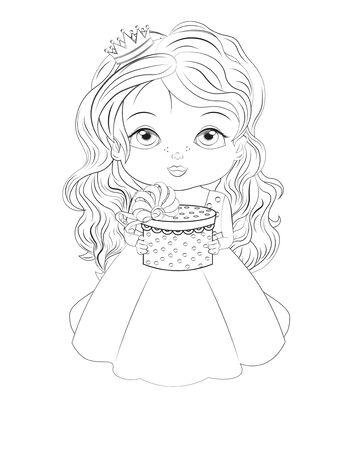 Coloring book little princess baby girl In ball dress. in crown. wiht gift. Picture in hand drawing style for baby shower. Greeting card, party invitation, fashion clothes t-shirt printのイラスト素材