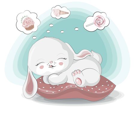 Sweet dreams little sweet teeth, white bunny. hare. rabbit girl, about ice cream, cupcake and lollipop. のイラスト素材