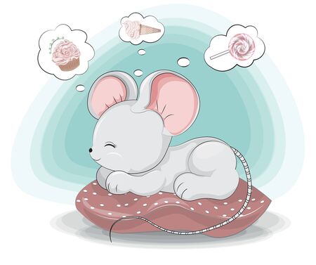 Sweet dreams little sweet teeth, white mouse. rat girl, about ice cream, cupcake and lollipop. Picture in hand drawing style for baby shower. Greeting card, party invitation, fashion clothes t-shirt printのイラスト素材