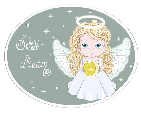 Beautiful blonde angel, holding moon, in night star sky, wishing sweet dreams. Picture in hand drawing cartoon style, for t-shirt wear print, fashion design, greeting card, party invitationのイラスト素材