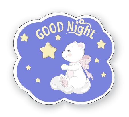 good night sticker. baby teddy bear with bow on cloud. Picture in hand drawing style for baby shower. Greeting card, party invitation, fashion clothes t-shirt printのイラスト素材