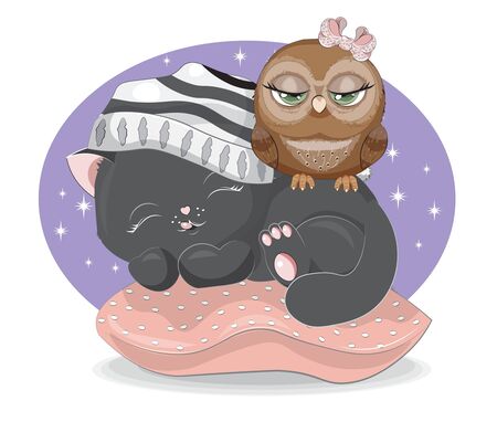 isolated sleepping black cat in striped cap and owl, little kitten in pillow. Picture in hand drawing cartoon style, for t-shirt wear print, fashion design, greeting card, party invitationのイラスト素材