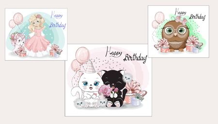 Happy Birthday cute set, stickers collection. Picture in hand drawing cartoon style, for t-shirt wear fashion print design, greeting card, postcard. baby shower. party invitation.のイラスト素材