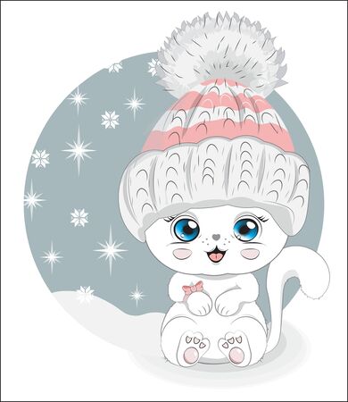 cute white cat in winter hat. Picture in hand drawing style, for winter Happy birthday greeting card, postcard. party invitation. t-shirt wear fashion print design.のイラスト素材