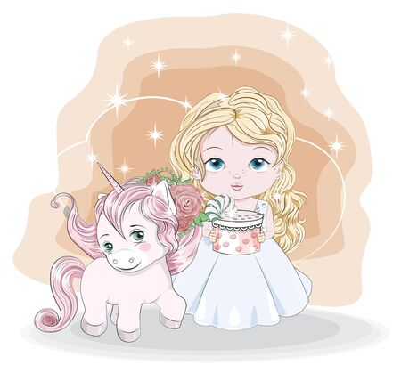 beautiful princess in blue dress with gift and unicorn. Picture in hand drawing style, for print shop. t-shirt wear fashion design, greeting birthday card, postcard. party invitation.のイラスト素材