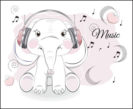 lovely drawn baby elephant calf, in earphones and notes. Picture in hand drawing style for baby shower. Greeting card, party invitation, fashion clothes t-shirt printのイラスト素材