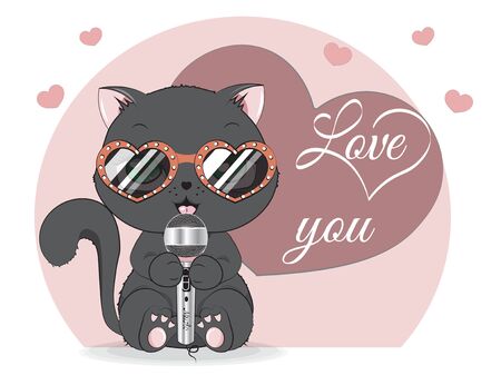 Black cat in sunglasses, adorable cute love symbol. Picture in hand drawing cartoon style, for t-shirt wear fashion print design, greeting. Valentine Day card, party invitation.のイラスト素材