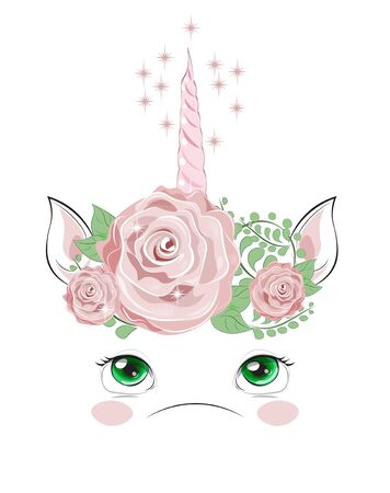 pink horn of unicorn with green eyes and roses flowers. Picture in hand drawing cartoon style, for t-shirt wear fashion print design, greeting card, postcard. baby shower. party invitation.のイラスト素材