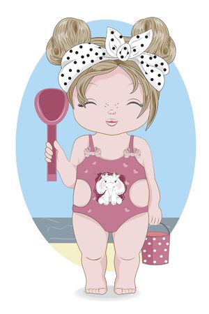 Hello summer baby girl in Swimsuit in elephant. Picture in hand drawing cartoon style, for greeting card, postcard. baby shower. party invitation.のイラスト素材