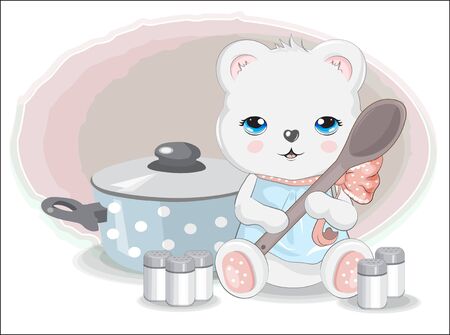 cook Teddy bear with spoon. spices and pan. Picture in hand drawing cartoon style, for t-shirt wear fashion print design, greeting card, postcard. baby shower. party invitation.
のイラスト素材