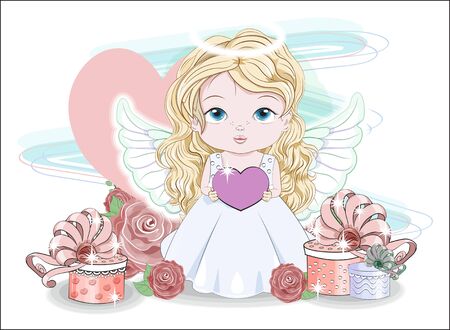 valentine cute baby angel girl, with heart and gifts in roses.  Picture in hand drawing cartoon style, for t-shirt wear fashion print design, valentine greeting card, postcard. party invitation.のイラスト素材
