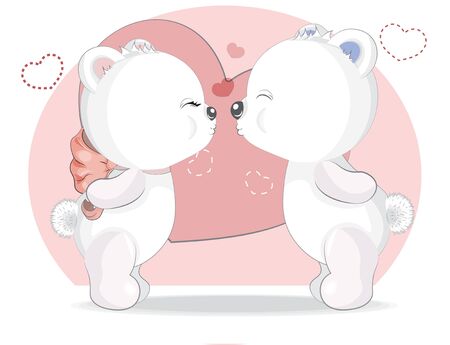Kiss White Girl and boy Teddy Bear in Hearts, adorable cute love symbol. Picture in hand drawing cartoon style, for t-shirt wear fashion print design, greeting. Valentine's Day card, party invitation. のイラスト素材
