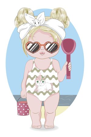 Hello summer baby girl in unicorn Swimsuit and sunglasses Picture in hand drawing cartoon style, for greeting card, postcard. baby shower. party invitation.のイラスト素材