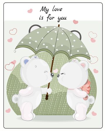 Kiss in love White Girl and boy Teddy Bear in rain under umbrella. Picture in hand drawing cartoon style, for t-shirt wear fashion print design, greeting. Valentine's Day card, party invitation.のイラスト素材