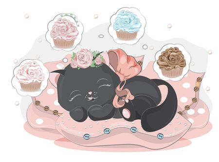isolated sleepping little black cat. kitten in pillow sdream of cupcake. Picture in hand drawing cartoon style, for t-shirt wear print, fashion design, baby shower. greeting card, party invitationのイラスト素材