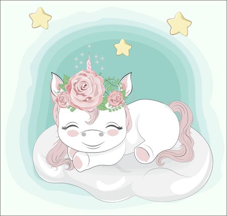 sleeping baby girl univorn on cloud in flower. Picture in hand drawing style for baby shower. Greeting card, party invitation, fashion clothes t-shirt printのイラスト素材