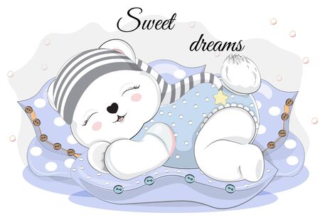 adorable sleepping little Teddy bear on pillows in striped cap. Picture in hand drawing cartoon style, for t-shirt wear print, fashion design, baby shower. greeting card, party invitationのイラスト素材