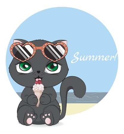 Hello summer baby black cat in sunglasses and strawberry ice cream. Picture in hand drawing cartoon style, for greeting card, postcard. baby shower. party invitation.	のイラスト素材