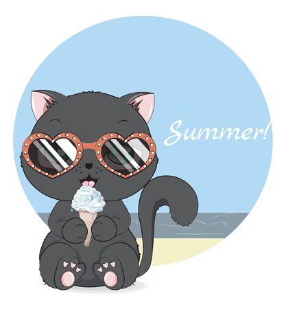 Hello summer baby black cat in sunglasses and ice cream. Picture in hand drawing cartoon style, for greeting card, postcard. baby shower. party invitation.	のイラスト素材