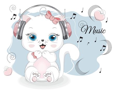 lovely drawn baby white cat, kitten in earphones and notes. Picture in hand drawing style for baby shower. Greeting card, party invitation, fashion clothes t-shirt printのイラスト素材