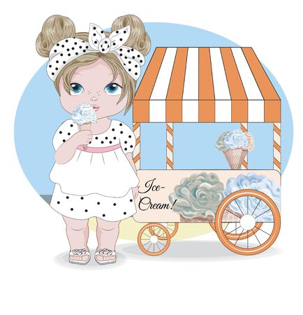 Hello summer baby girl in dress with elephant and ice cream Stand. Picture in hand drawing cartoon style, for greeting card, postcard. baby shower. party invitation.のイラスト素材