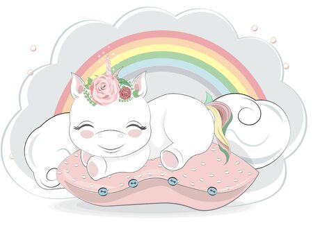 adorable sleepping little unicorn with rainbow tail on pillows. Picture in hand drawing cartoon style, for t-shirt wear print, fashion design, baby shower. greeting card, party invitationのイラスト素材