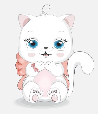 Happy white cat girl, kitten with bow. Picture in hand drawing cartoon style, for t-shirt wear fashion print design, greeting birthday card, postcard. baby shower. party invitation.
のイラスト素材