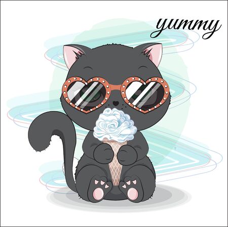 lovely cute black kitten, with ice cream and sunglasses. Picture in hand drawing cartoon style, for t-shirt wear fashion print design, greeting card, postcard. baby shower. party invitation.のイラスト素材