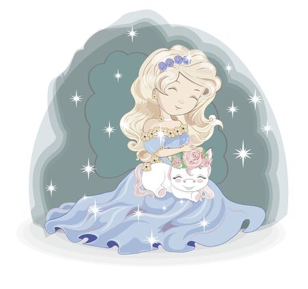 princess girl blonde and Magic white unicorn, in flower garden. Picture in hand drawing style,  for t-shirt wear fashion print design, greeting birthday card. postcard, baby shower. party invitation.のイラスト素材