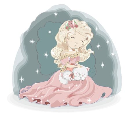 princess girl blonde in pink dress. white cat in flower garden. Picture in hand drawing style,  for t-shirt wear fashion print design, greeting birthday card. postcard, baby shower. party invitationのイラスト素材