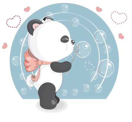 Panda with bubbles. Picture in hand drawing cartoon style, for t-shirt wear fashion print design, greeting. card, party invitation. のイラスト素材