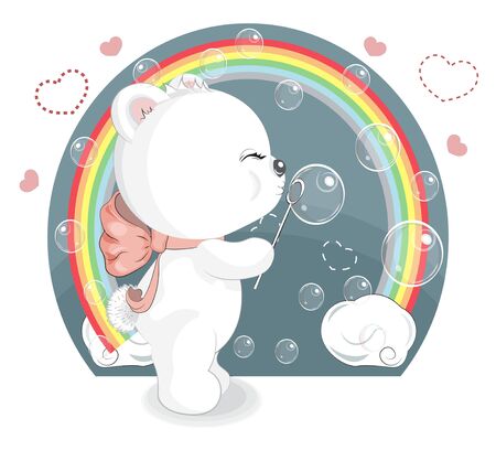 White Teddy bear with soap bubbles and rainbow, Picture in hand drawing cartoon style, for t-shirt wear fashion print design, greeting. card, party invitation.のイラスト素材