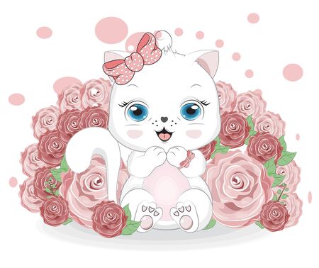 valentine heart for you, white cat and gifts in roses.  Picture in hand drawing cartoon style, for t-shirt wear fashion print design, valentine greeting card, postcard. party invitation.のイラスト素材