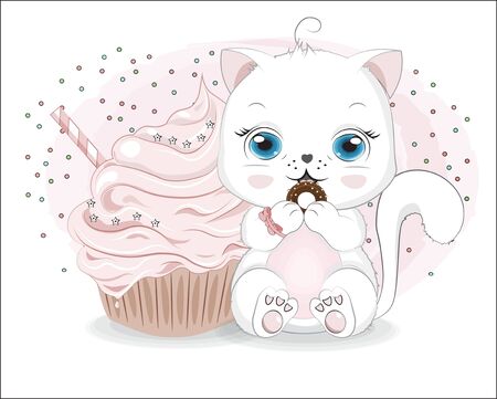 Happy birthday little white cay girl and cake. Picture in hand drawing cartoon style, for t-shirt wear fashion print design, greeting card, postcard. baby shower. party invitation.のイラスト素材