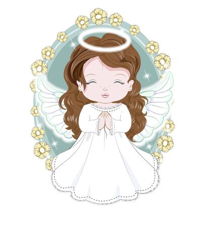 beautiful, charming, Ester baby angel, in white dress. Picture in hand drawing cartoon cute style, for Holiday Greeting card. postcard. party invitation.のイラスト素材