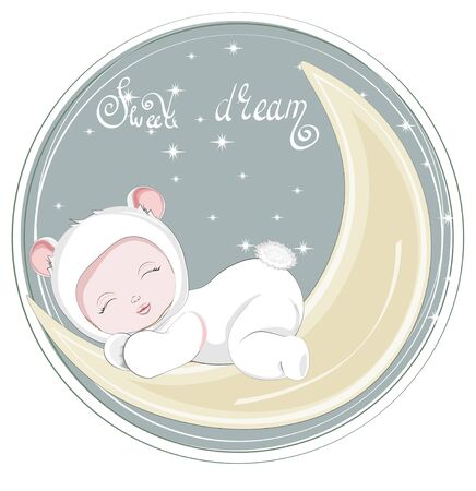sleepping baby girl,  in brar kugurumi on moon. Picture in hand drawing cartoon style, for t-shirt wear print, fashion design, greeting card, party invitationのイラスト素材