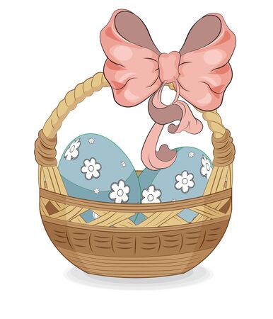 beautiful vector wooden Easter isolated basket with bow and eggs. A cartoon-style picture.のイラスト素材