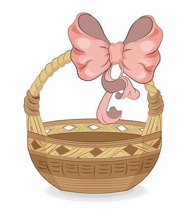 beautiful vector wooden picnic isolated basket with bow. A cartoon-style picture.のイラスト素材