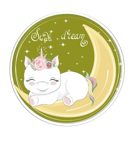 sleepping baby unicorn girl, on moon. Picture in hand drawing cartoon style, for t-shirt wear print, fashion design, greeting card, party invitationのイラスト素材