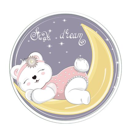 sleepping baby Teddy bear girl, on moon. Picture in hand drawing cartoon style, for t-shirt wear print, fashion design, greeting card, party invitationのイラスト素材