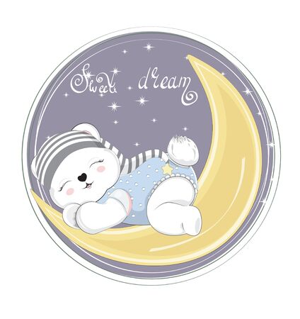sleepping baby Teddy bear boy,on moon. Picture in hand drawing cartoon style, for t-shirt wear print, fashion design, greeting card, party invitationのイラスト素材