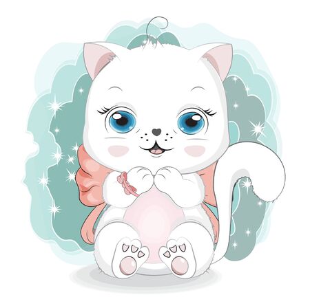 Happy white cat girl, kitten with bow. Picture in hand drawing cartoon style, for t-shirt wear fashion print design, greeting birthday card, postcard. baby shower. party invitation.のイラスト素材