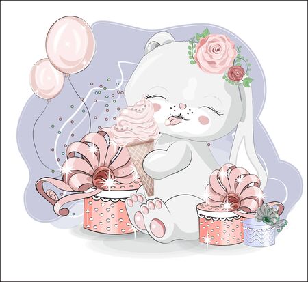 lovely cute bunny with icecream. rabbit. hare, rabbit with gift. confetti and balloon. Picture in hand drawing cartoon style, for t-shirt print, greeting card, postcard. baby shower. party invitation.のイラスト素材
