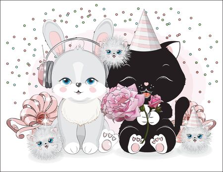 lovely cute black cat and bunny in headphones with gifts. Picture in hand drawing cartoon style, for t-shirt wear fashion print design, greeting card, postcard. baby shower. party invitation.のイラスト素材