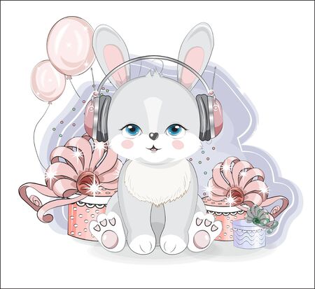 lovely cute bunny. rabbit. hare, rabbit with gift. confetti and balloon, Happy birthday greeting cardのイラスト素材