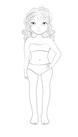Coloring book Blonde girl in swimsuit. Paper doll for modelling fashion clothes. Picture in hand drawing cartoon styleのイラスト素材