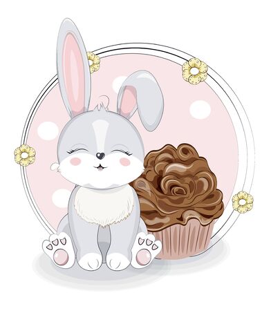 Cute grey baby rabbit, honey bunny sitting with closed eyes and cupcake. Picture in hand drawing cartoon style, for t-shirt wear fashion print design, greeting card, postcard. baby shower. party invitation.のイラスト素材