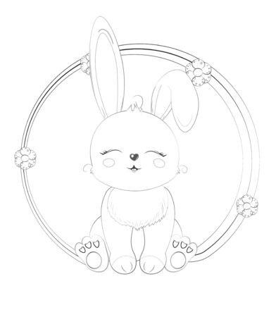coloring book Cute grey baby rabbit, honey bunny sitting with closed eyes. Picture in hand drawing cartoon style, for entertainment. amusement in home. Fun game during home quarantineのイラスト素材